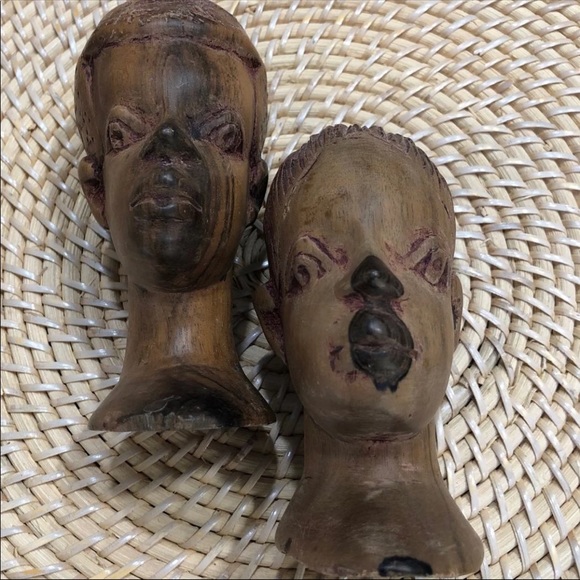Vintage HARD WOOD CARVED AFRICAN MAN & WOMAN HEAD